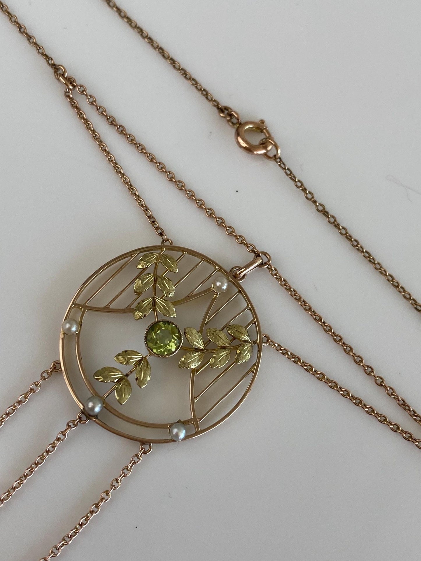 Solid 9k Yellow Gold Peridot Pearls Leaves Cable Chain Necklace - 20 inches