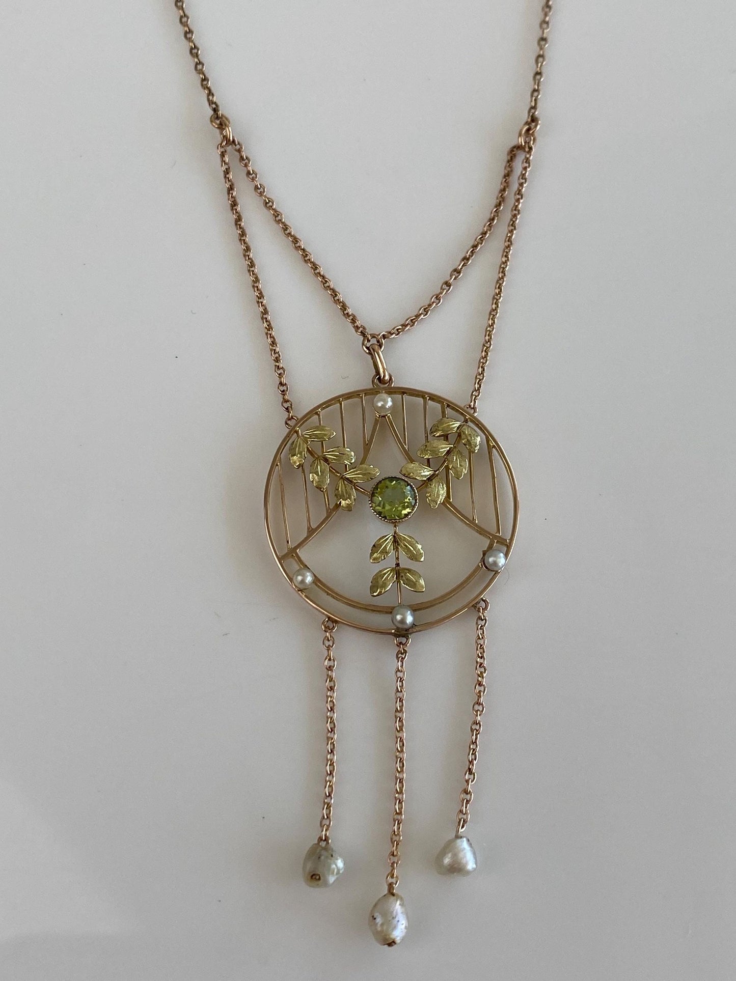 Solid 9k Yellow Gold Peridot Pearls Leaves Cable Chain Necklace - 20 inches