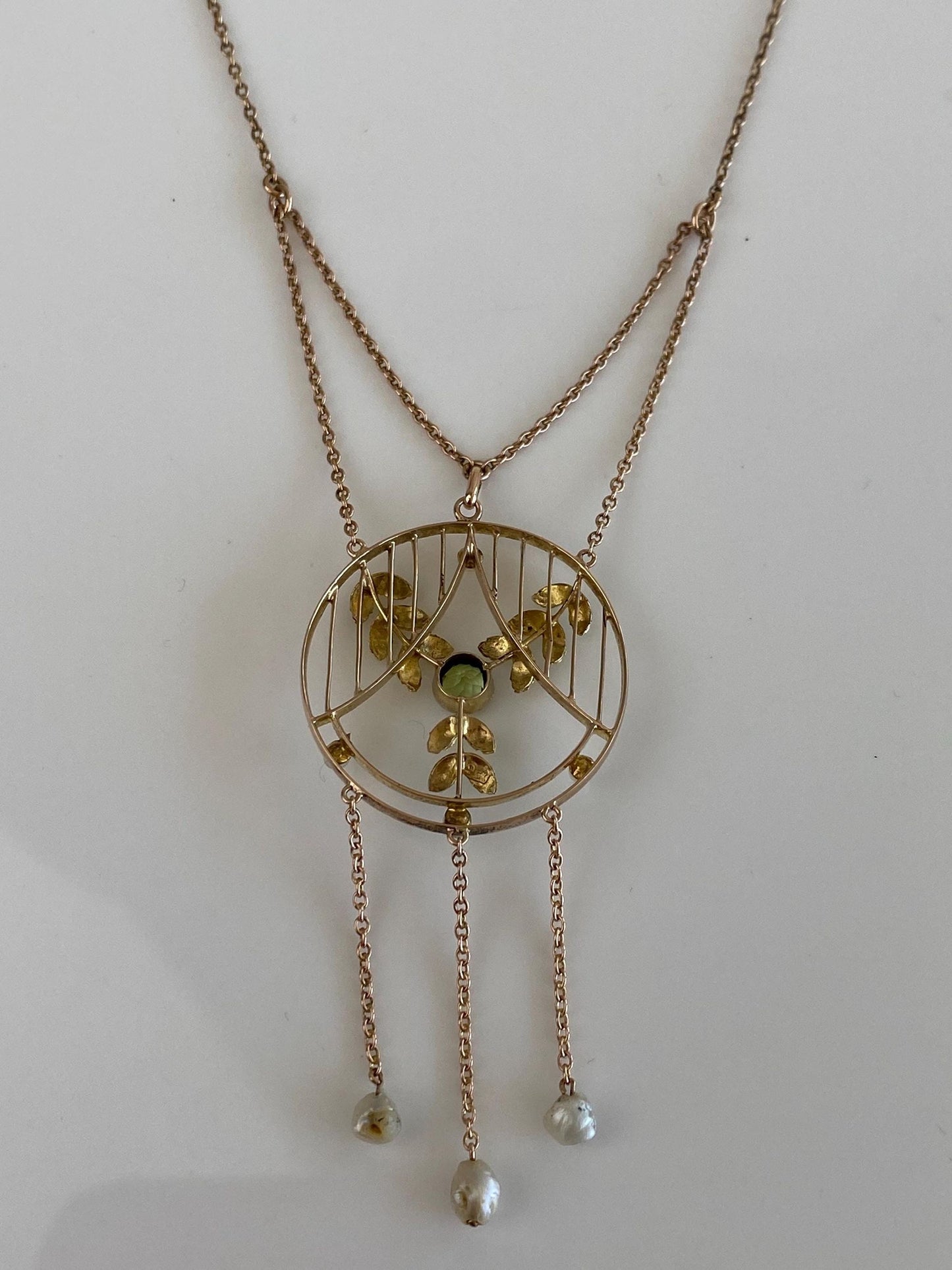Solid 9k Yellow Gold Peridot Pearls Leaves Cable Chain Necklace - 20 inches