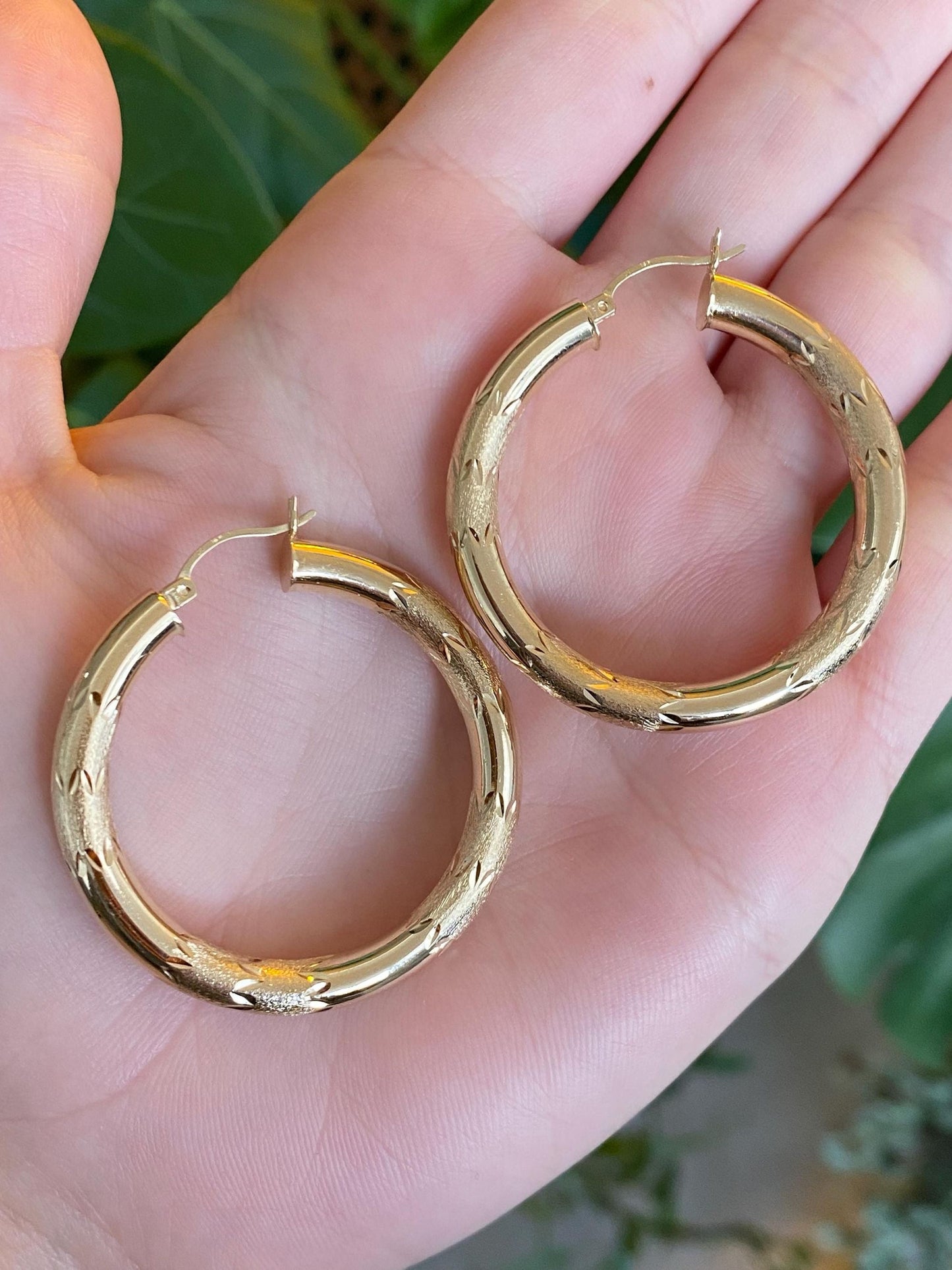 Vintage 14k Yellow Gold Large Diamond Cut Hoop Earrings