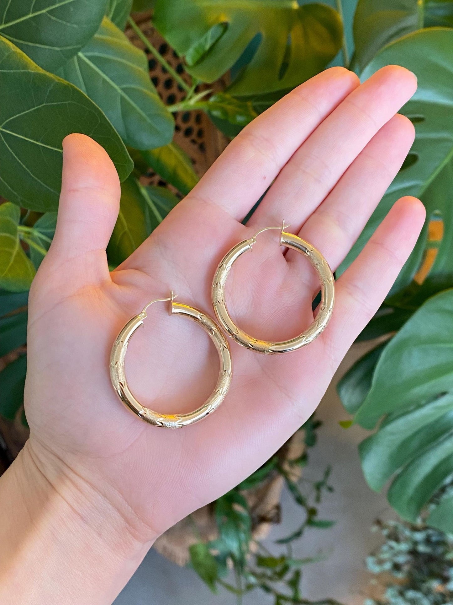 Vintage 14k Yellow Gold Large Diamond Cut Hoop Earrings
