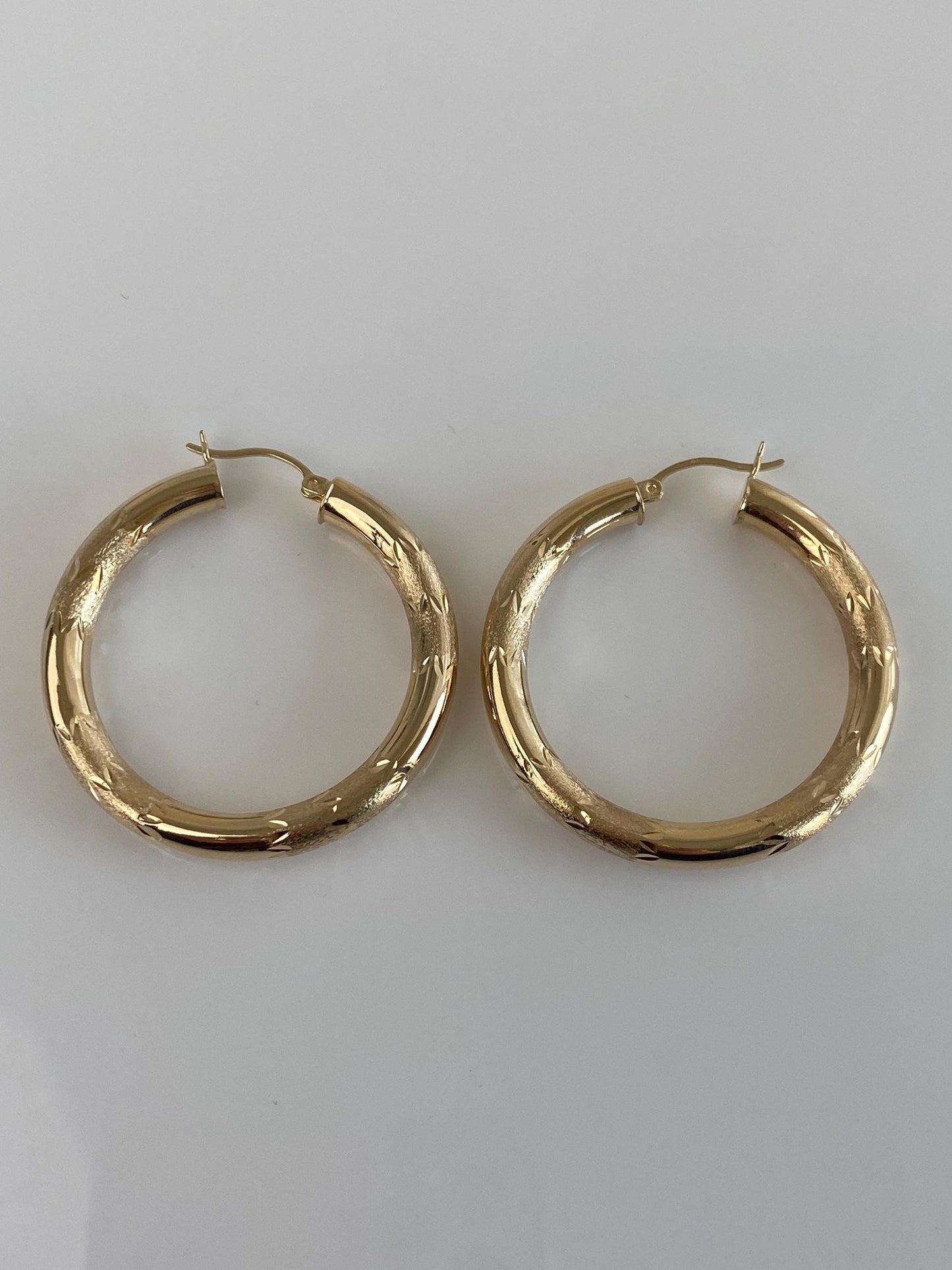 Vintage 14k Yellow Gold Large Diamond Cut Hoop Earrings