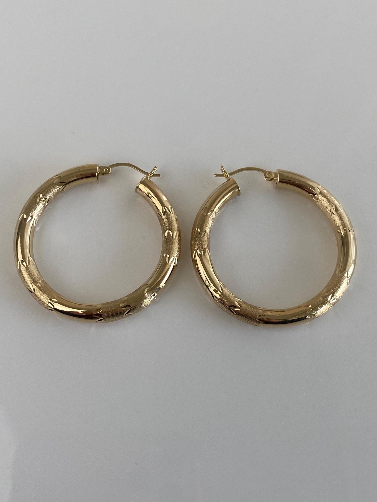 Vintage 14k Yellow Gold Large Diamond Cut Hoop Earrings