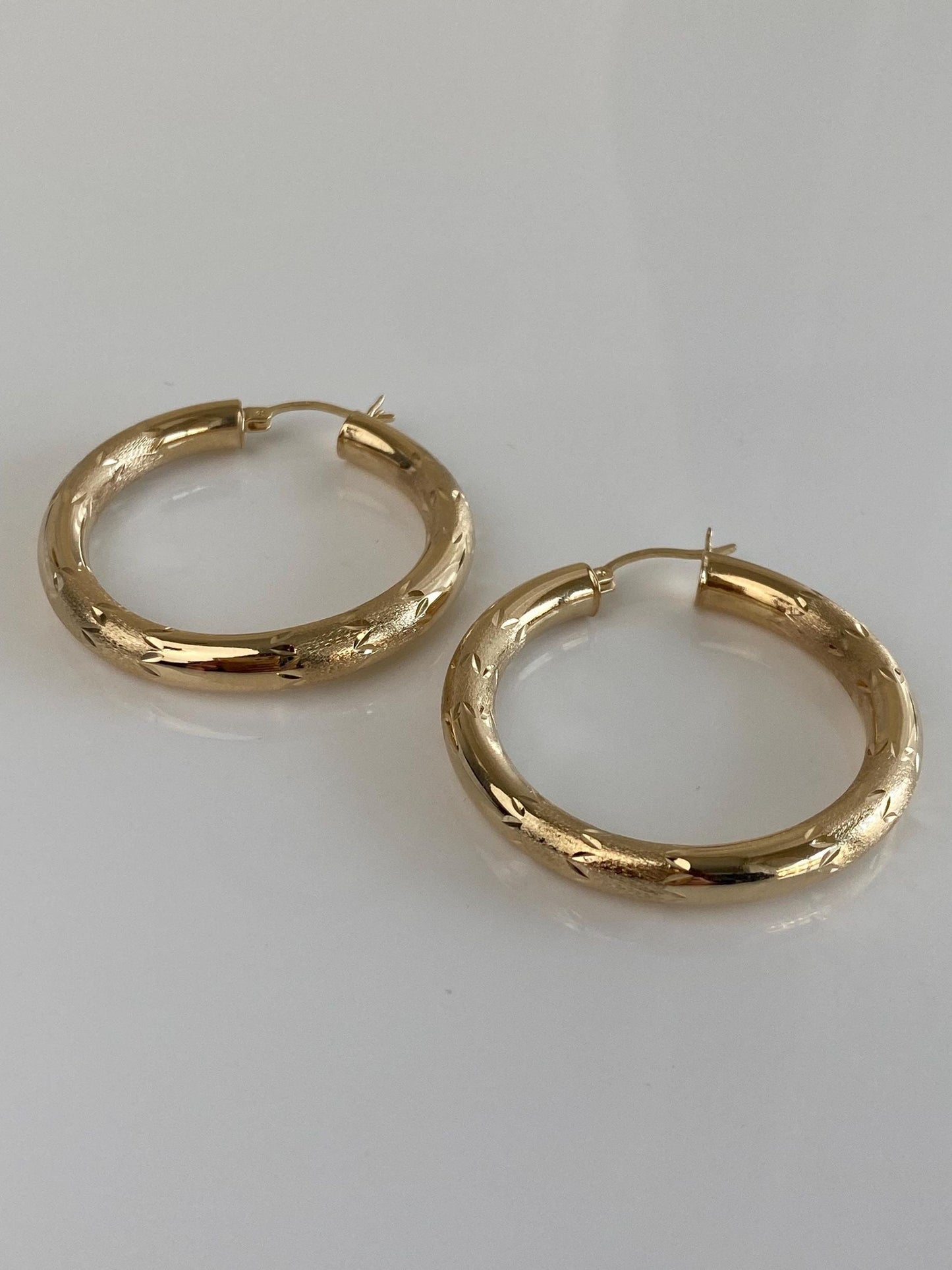 Vintage 14k Yellow Gold Large Diamond Cut Hoop Earrings