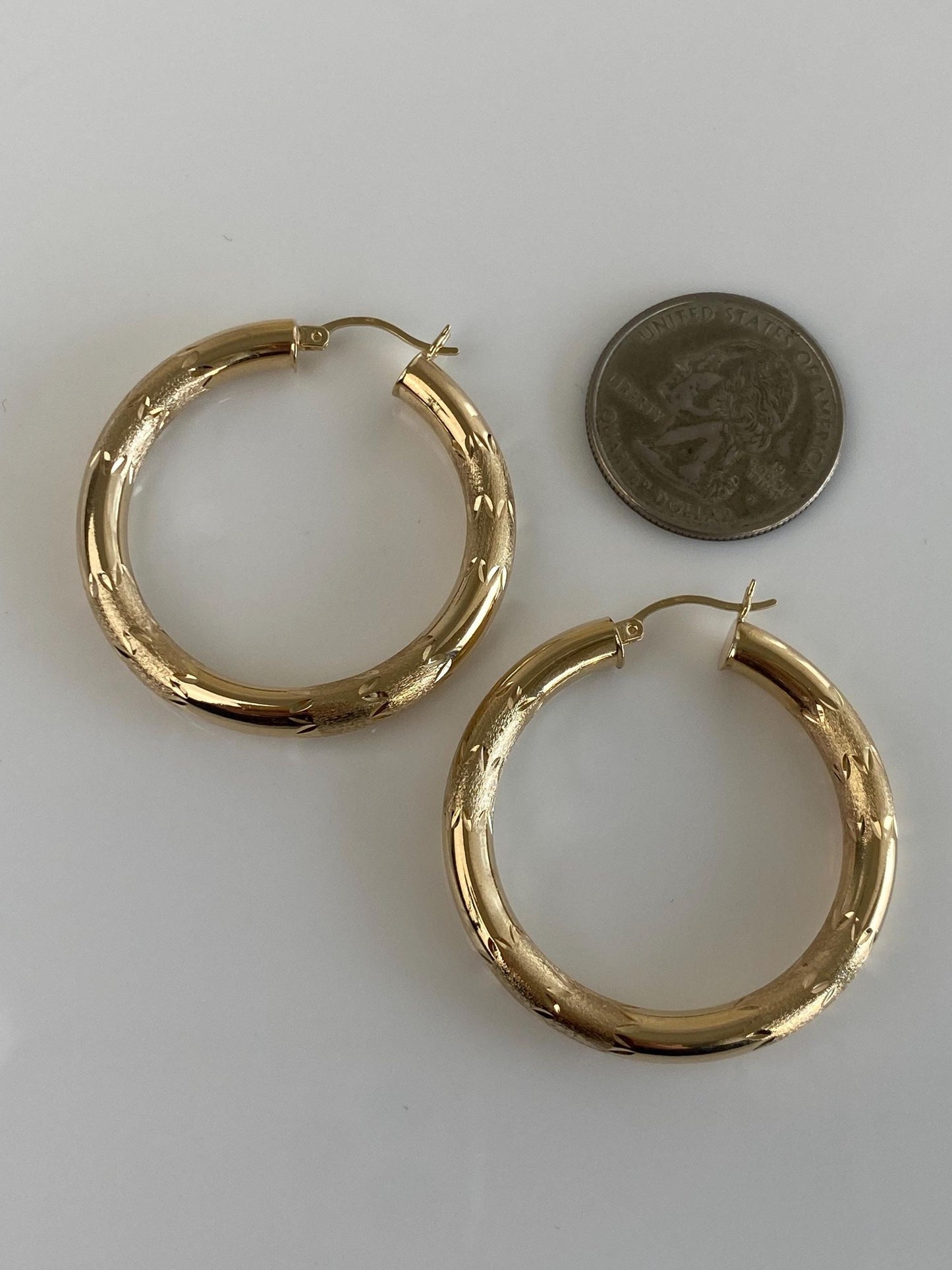 Vintage 14k Yellow Gold Large Diamond Cut Hoop Earrings