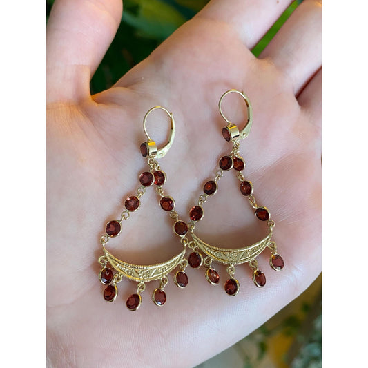 Vintage Solid 14k Yellow Gold Garnet Chandelier Dangle Earrings