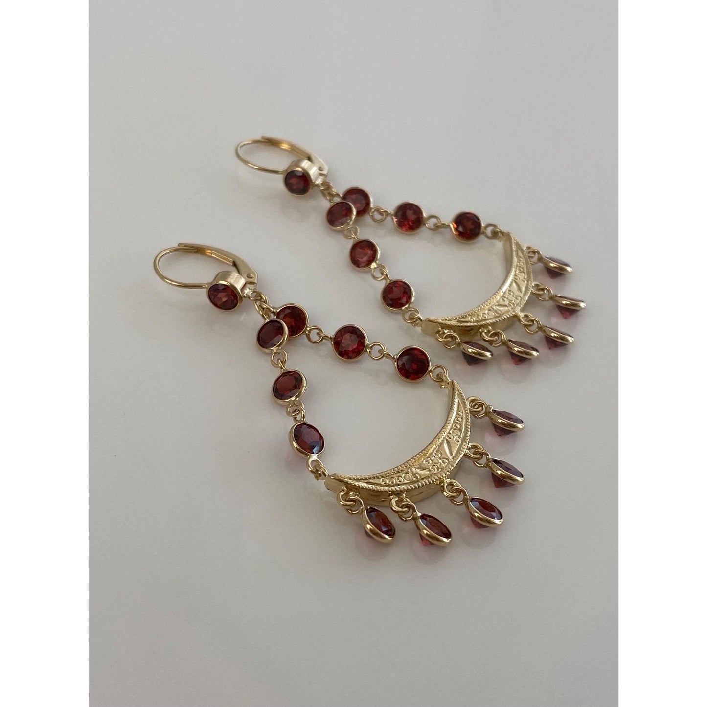 Vintage Solid 14k Yellow Gold Garnet Chandelier Dangle Earrings