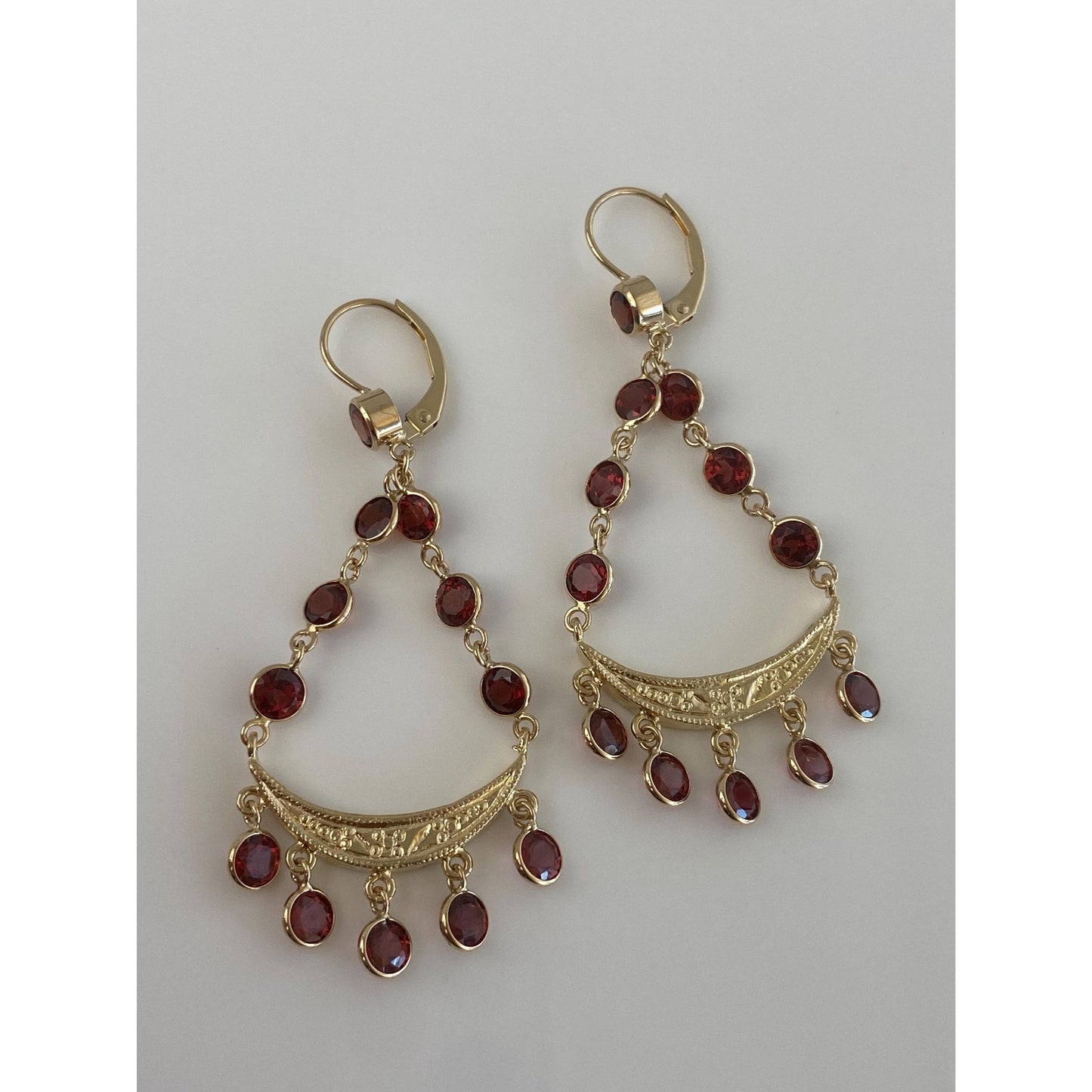 Vintage Solid 14k Yellow Gold Garnet Chandelier Dangle Earrings