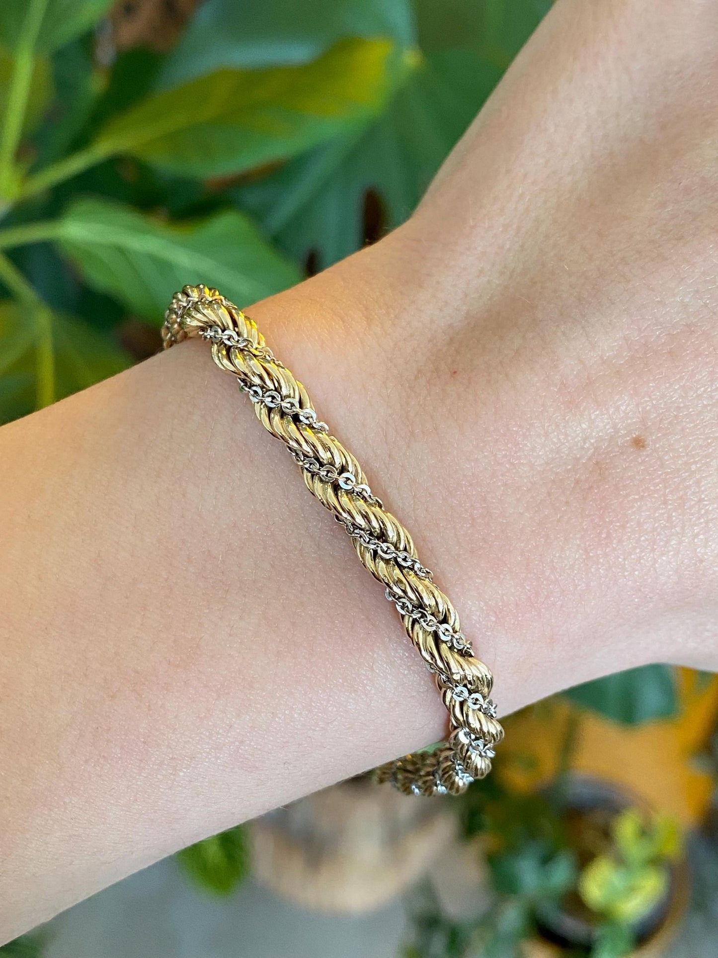 Vintage Solid 12k White & Yellow Gold Twisted Rope Chain Bracelet - 7.5 inches