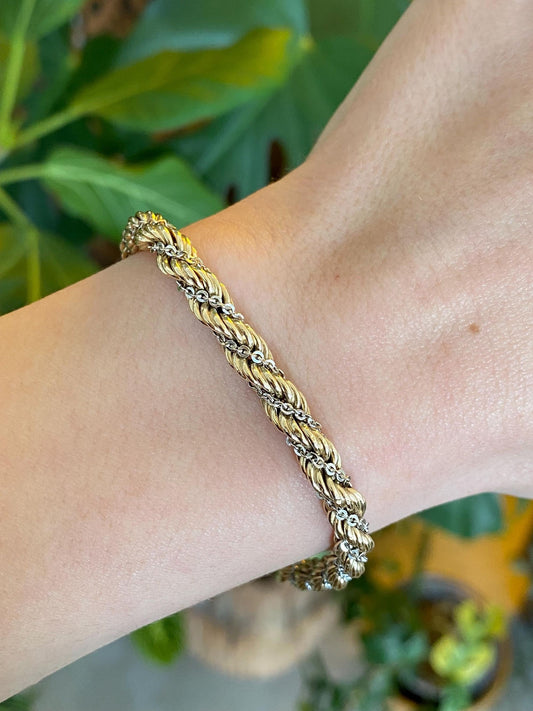 Vintage Solid 12k White & Yellow Gold Twisted Rope Chain Bracelet - 7.5 inches