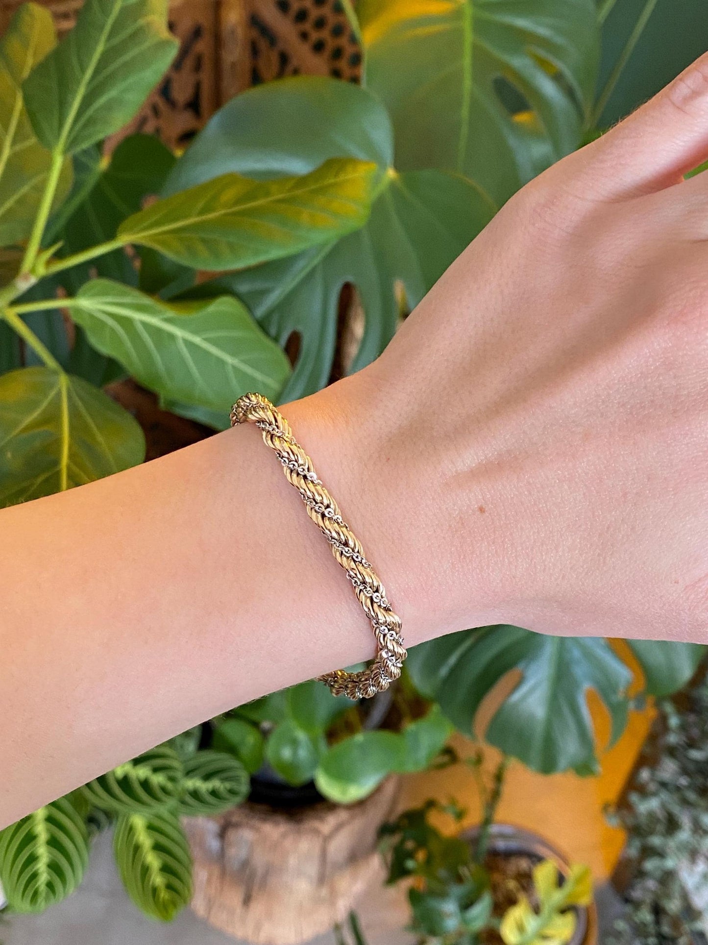 Vintage Solid 12k White & Yellow Gold Twisted Rope Chain Bracelet - 7.5 inches