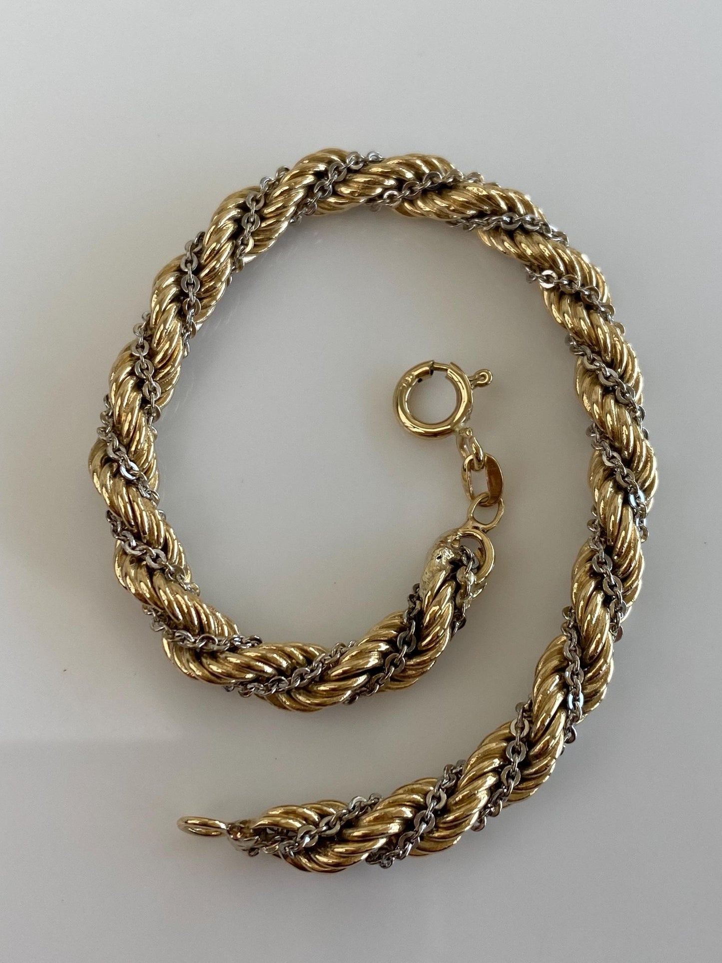 Vintage Solid 12k White & Yellow Gold Twisted Rope Chain Bracelet - 7.5 inches