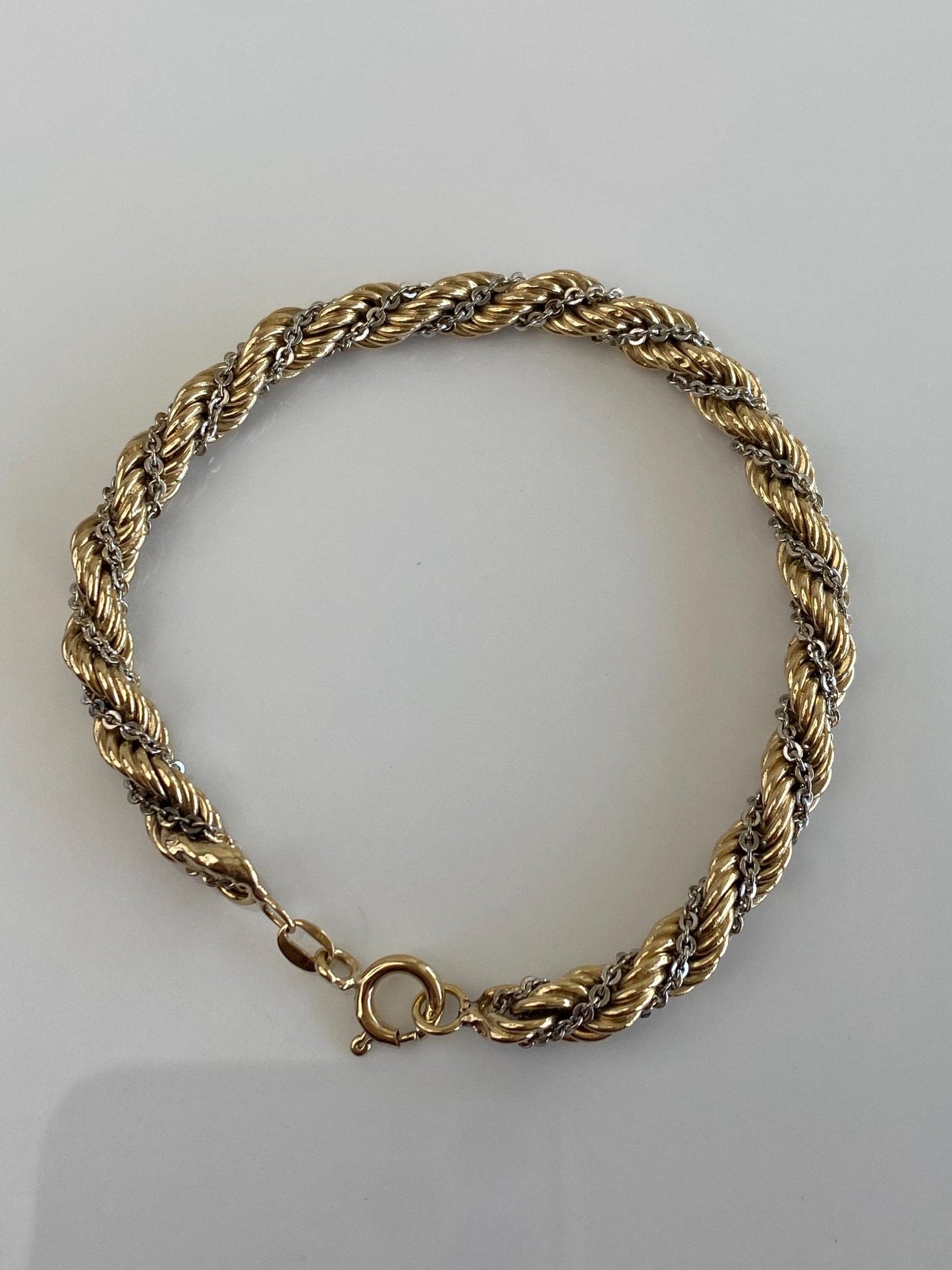 Vintage Solid 12k White & Yellow Gold Twisted Rope Chain Bracelet - 7.5 inches