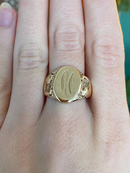 Vintage Solid 14k Yellow Gold Monogram Design Signet Ring - Size 10.25