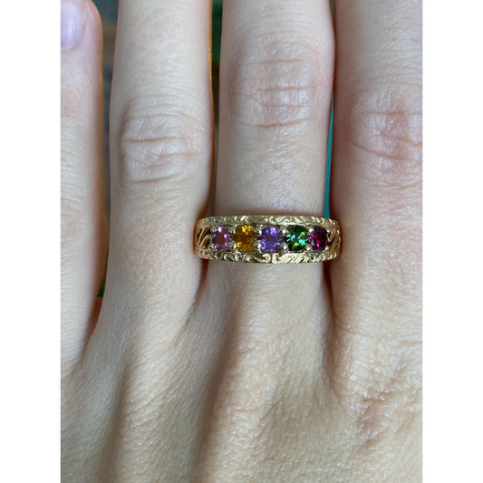 Solid 14k Yellow Gold Pink & Green Tourmaline Citrine Amethyst Open Work Ring Band - Size 7.75