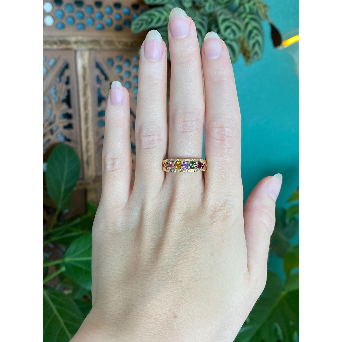 Solid 14k Yellow Gold Pink & Green Tourmaline Citrine Amethyst Open Work Ring Band - Size 7.75