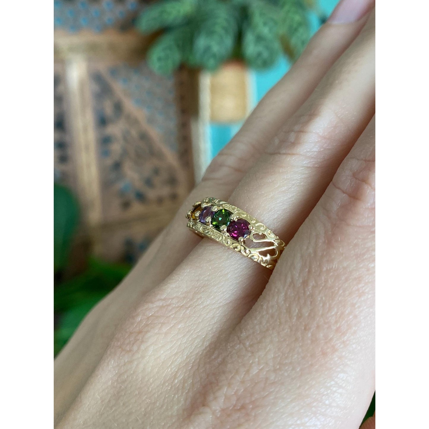 Solid 14k Yellow Gold Pink & Green Tourmaline Citrine Amethyst Open Work Ring Band - Size 7.75