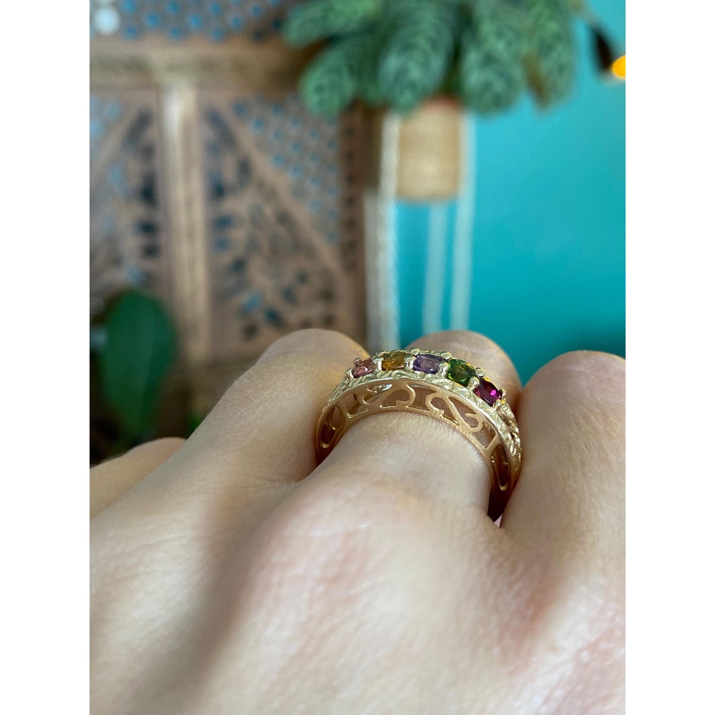 Solid 14k Yellow Gold Pink & Green Tourmaline Citrine Amethyst Open Work Ring Band - Size 7.75