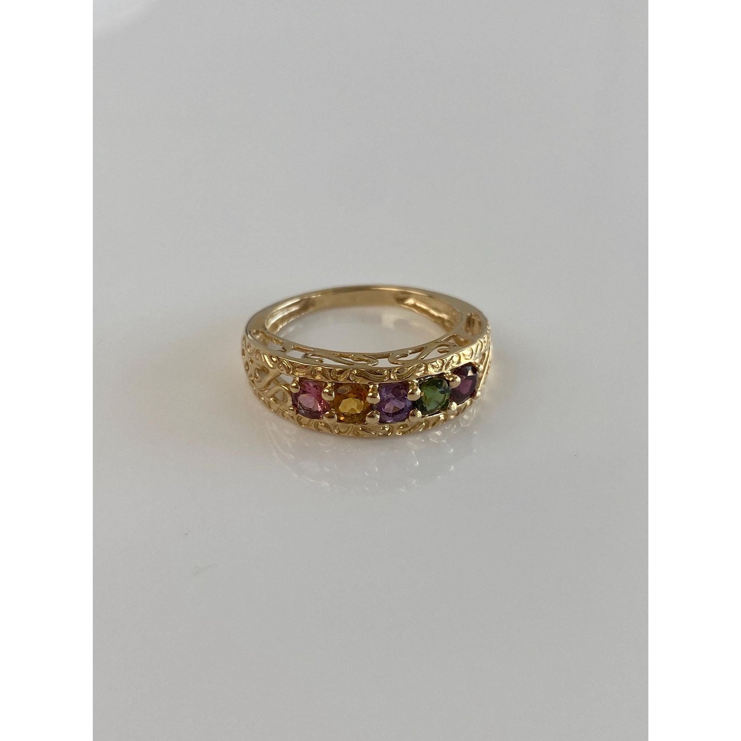 Solid 14k Yellow Gold Pink & Green Tourmaline Citrine Amethyst Open Work Ring Band - Size 7.75