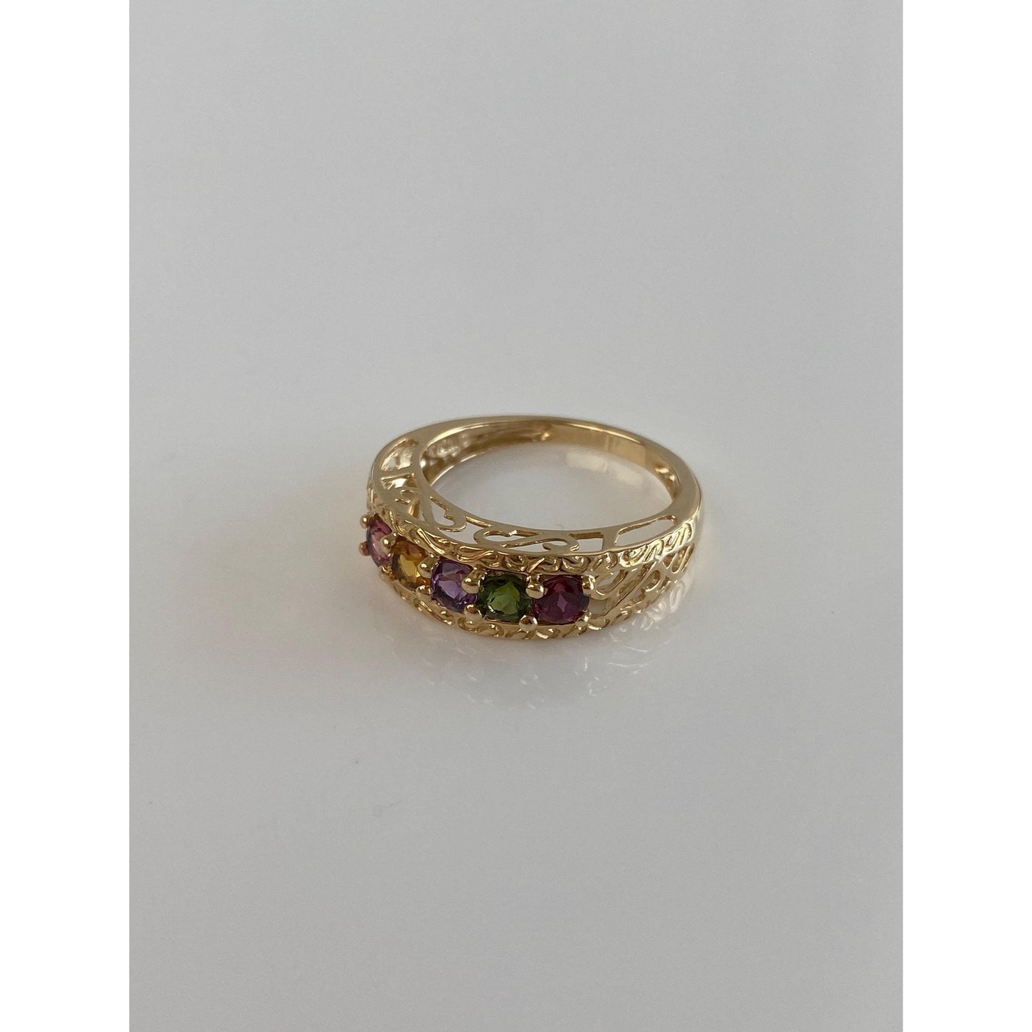 Solid 14k Yellow Gold Pink & Green Tourmaline Citrine Amethyst Open Work Ring Band - Size 7.75