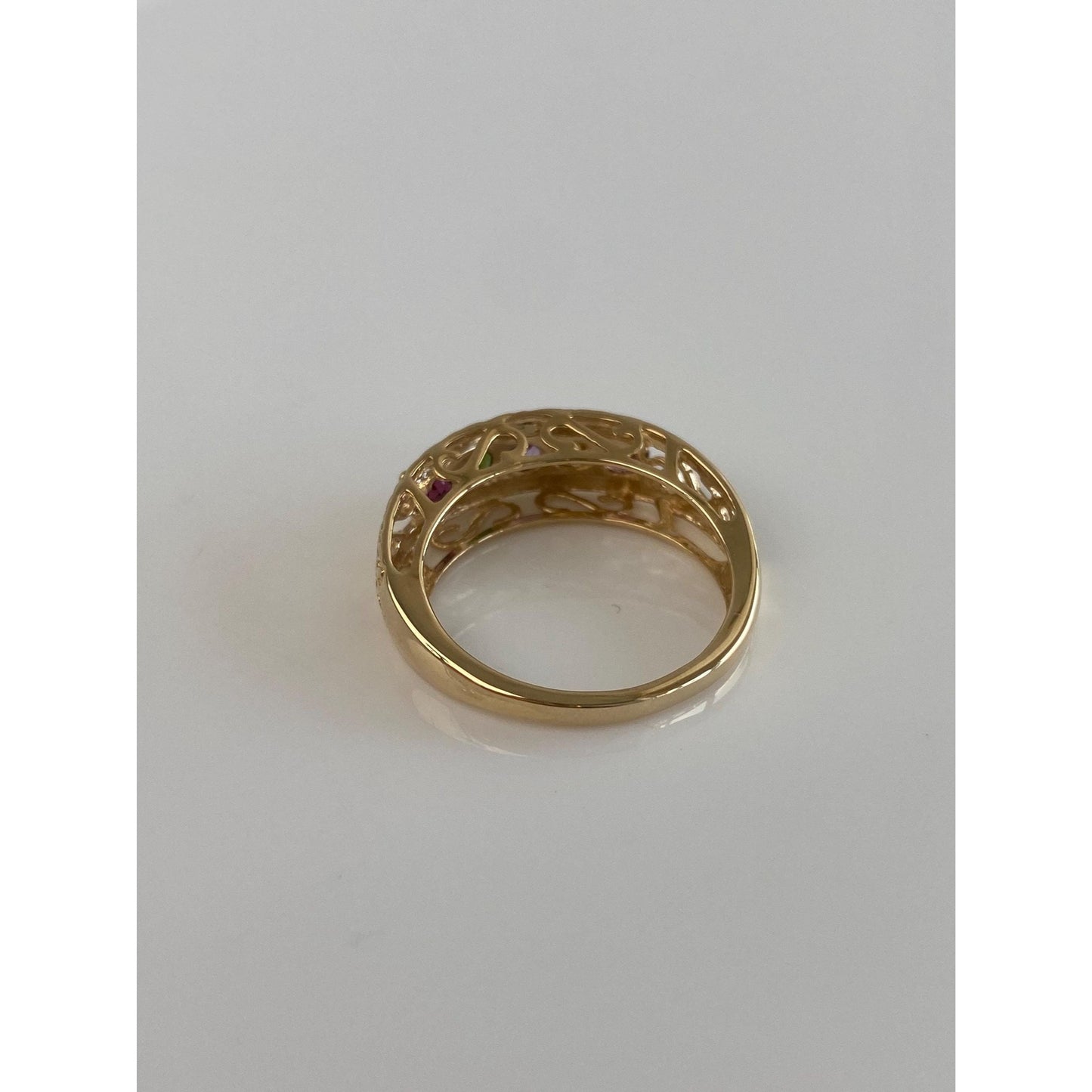Solid 14k Yellow Gold Pink & Green Tourmaline Citrine Amethyst Open Work Ring Band - Size 7.75