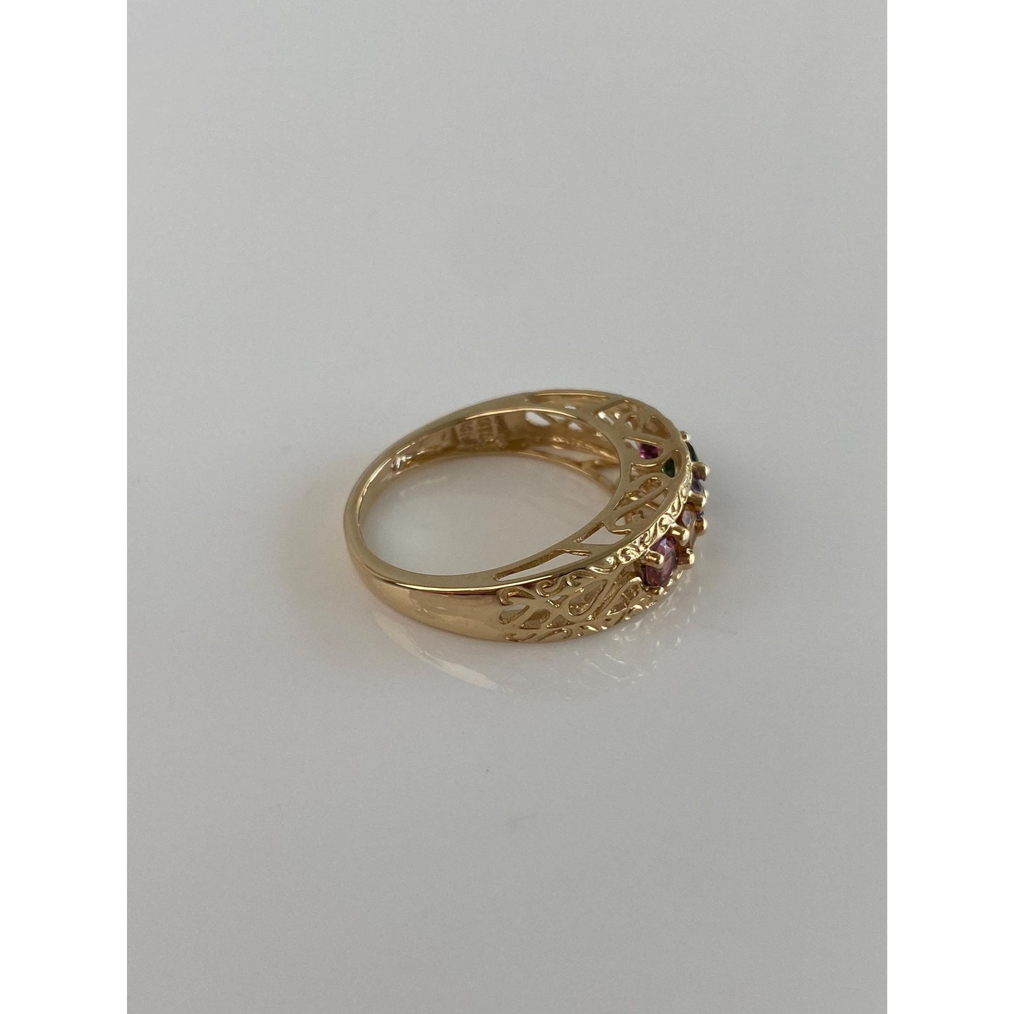 Solid 14k Yellow Gold Pink & Green Tourmaline Citrine Amethyst Open Work Ring Band - Size 7.75