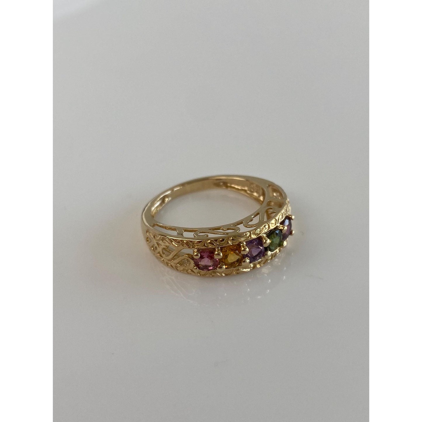 Solid 14k Yellow Gold Pink & Green Tourmaline Citrine Amethyst Open Work Ring Band - Size 7.75