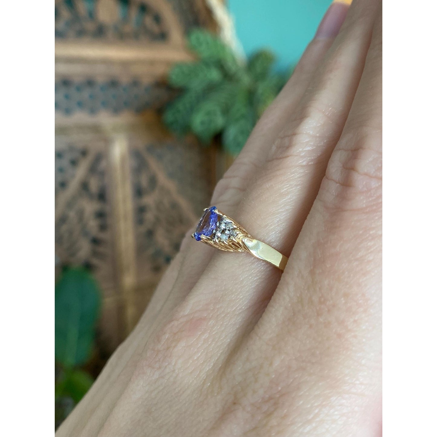 Solid 14k Yellow Gold Diamond Tanzanite Ring - Size 8