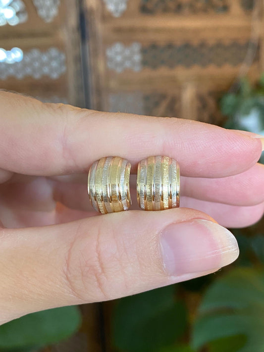 Vintage Solid 14k White & Yellow Gold Lined Drop Hoop Earrings