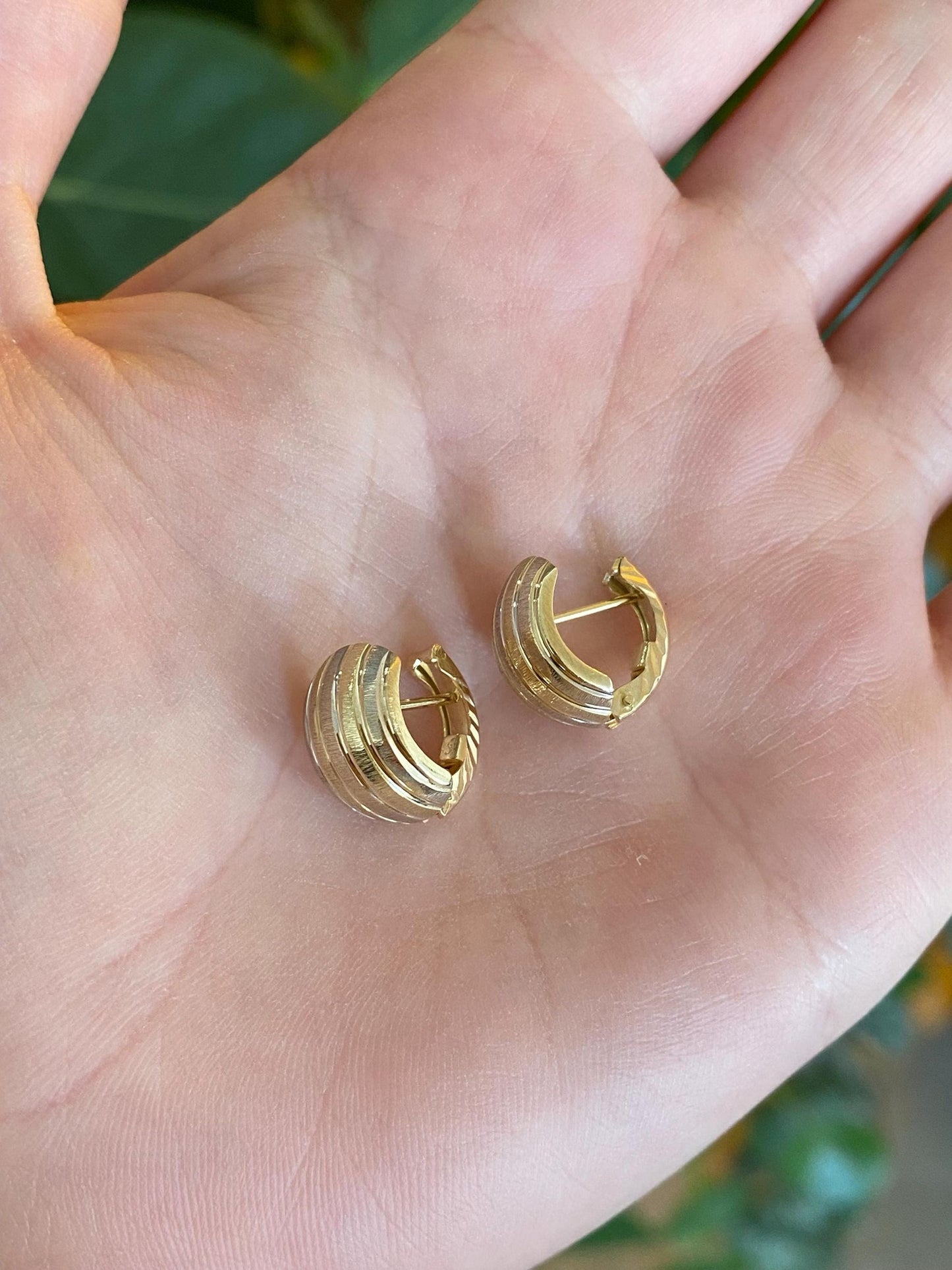Vintage Solid 14k White & Yellow Gold Lined Drop Hoop Earrings
