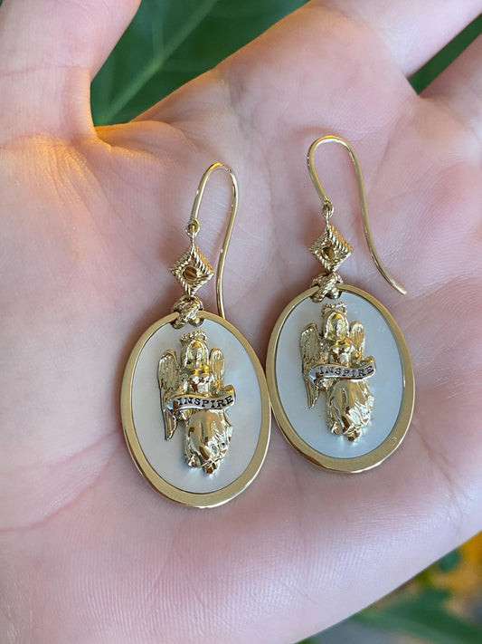 Vintage Solid 14k Yellow Gold Mother of Pearl 'INSPIRE' Angel Religious Dangle Earrings