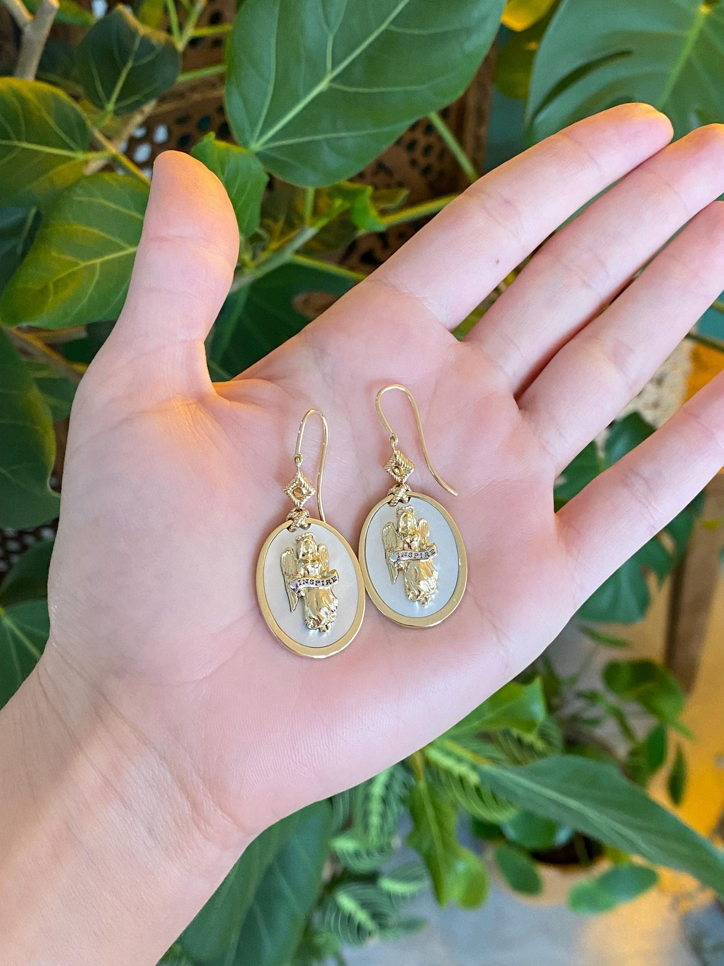 Vintage Solid 14k Yellow Gold Mother of Pearl 'INSPIRE' Angel Religious Dangle Earrings