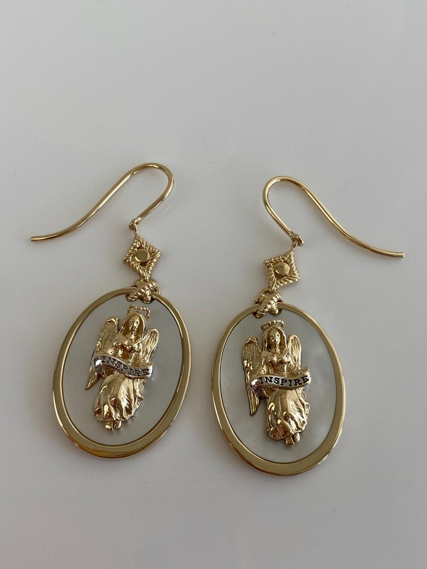 Vintage Solid 14k Yellow Gold Mother of Pearl 'INSPIRE' Angel Religious Dangle Earrings