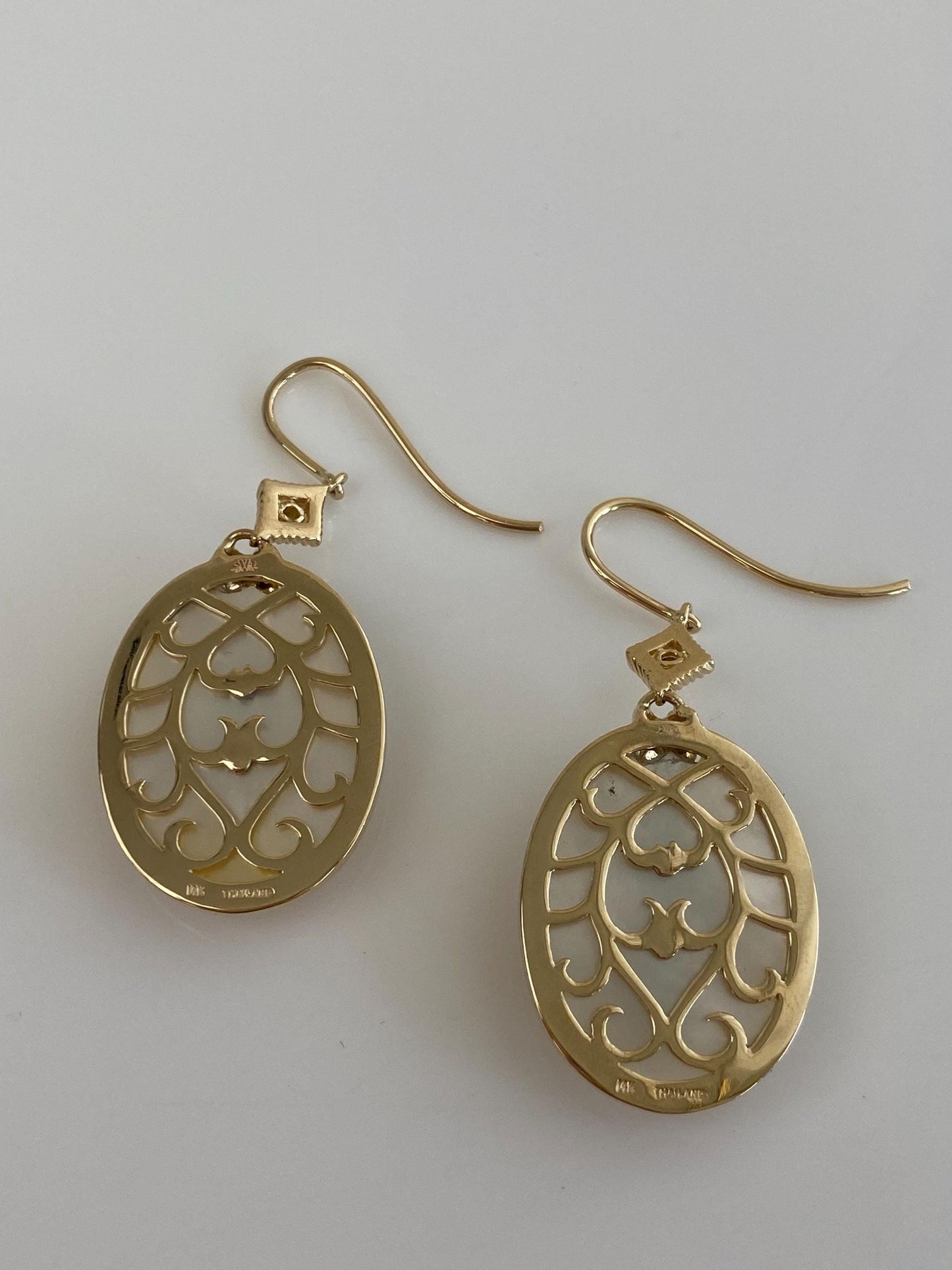 Vintage Solid 14k Yellow Gold Mother of Pearl 'INSPIRE' Angel Religious Dangle Earrings