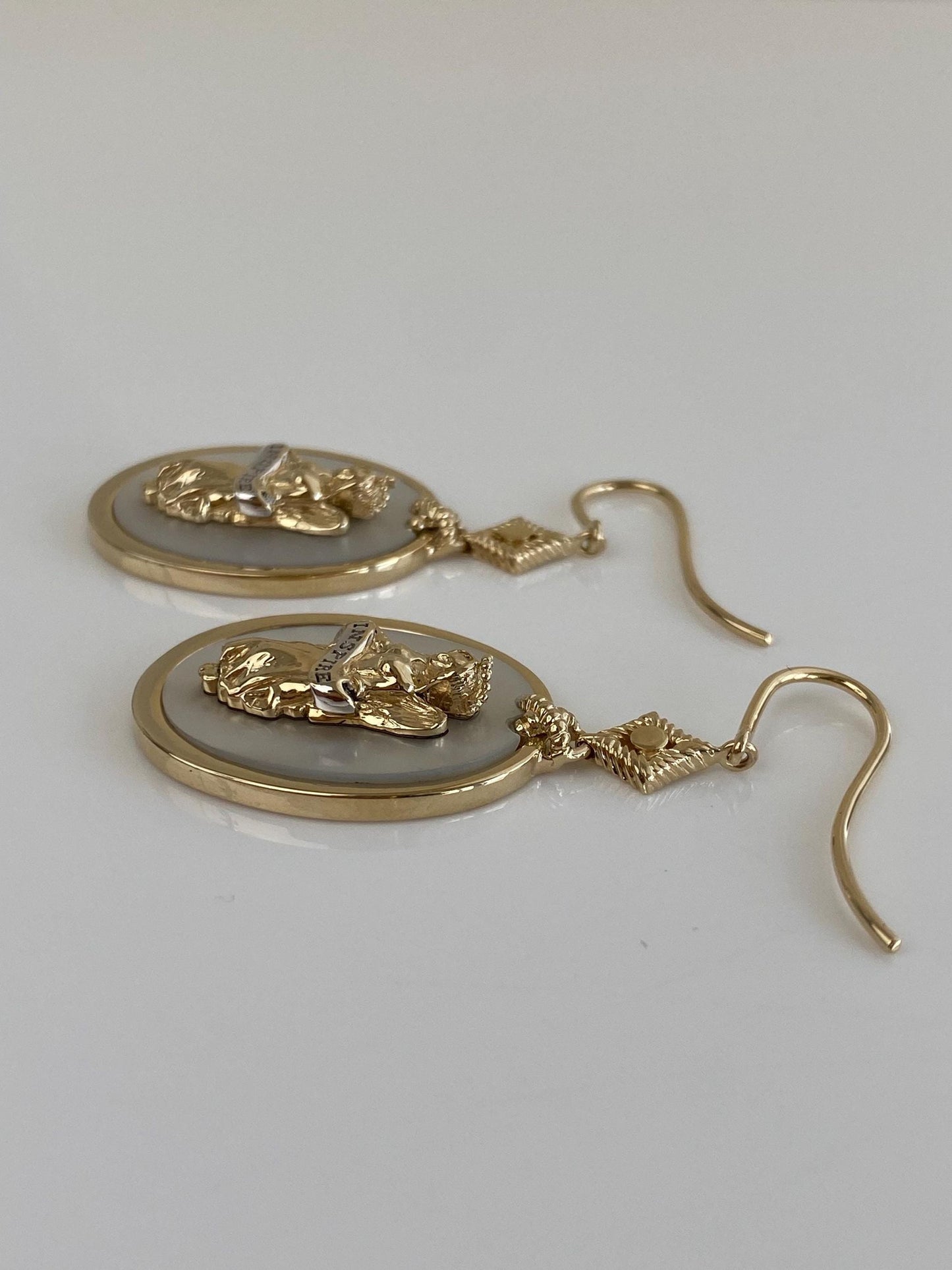 Vintage Solid 14k Yellow Gold Mother of Pearl 'INSPIRE' Angel Religious Dangle Earrings