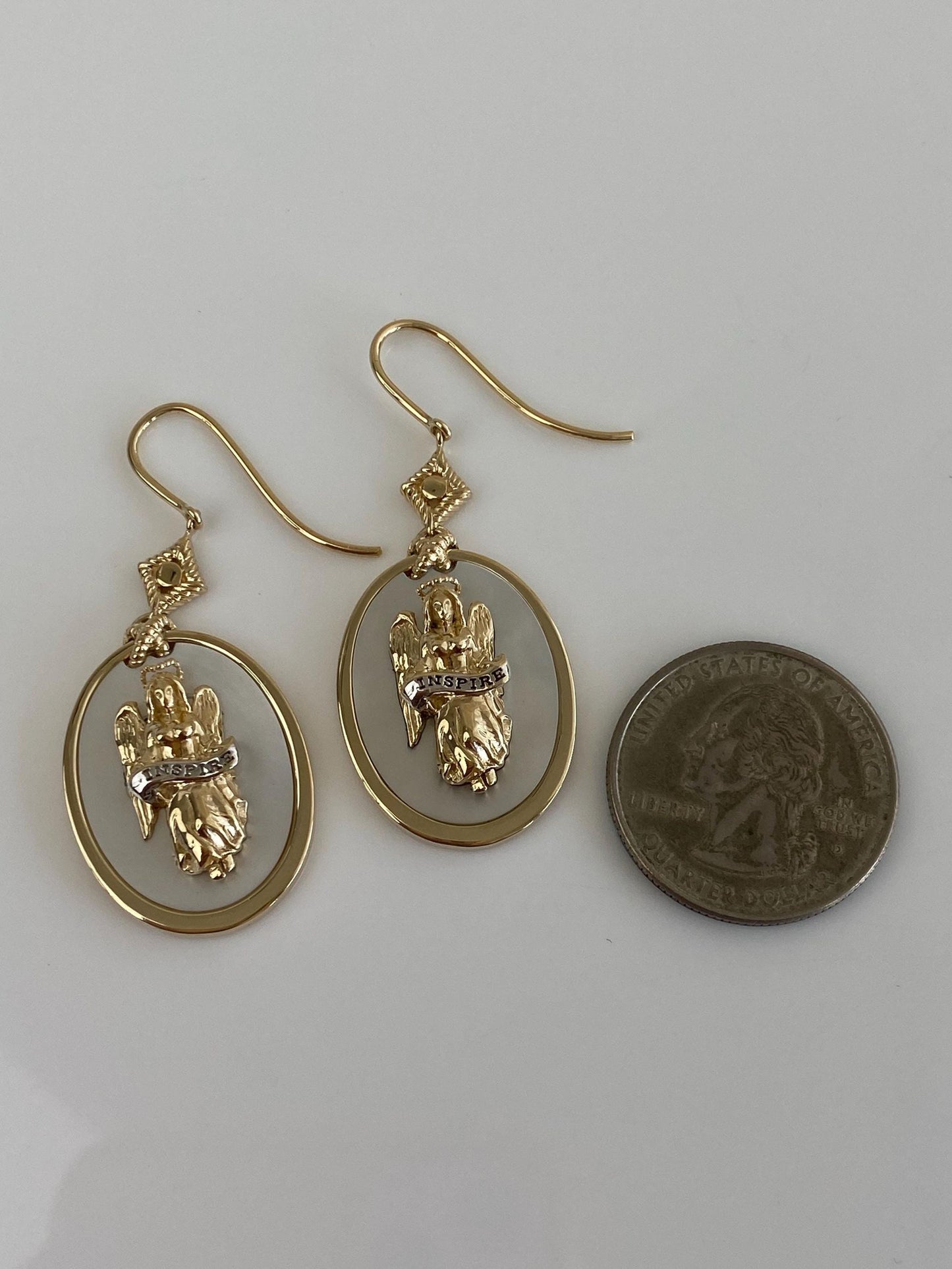 Vintage Solid 14k Yellow Gold Mother of Pearl 'INSPIRE' Angel Religious Dangle Earrings