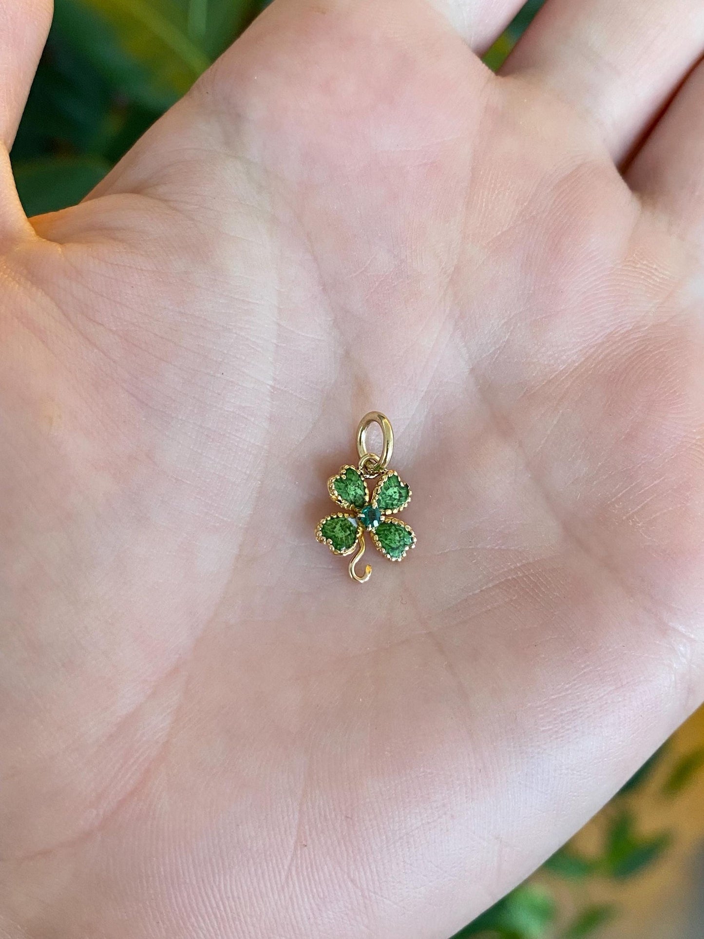 Vintage Solid 14k Yellow Gold Emerald Enamel Clover Charm
