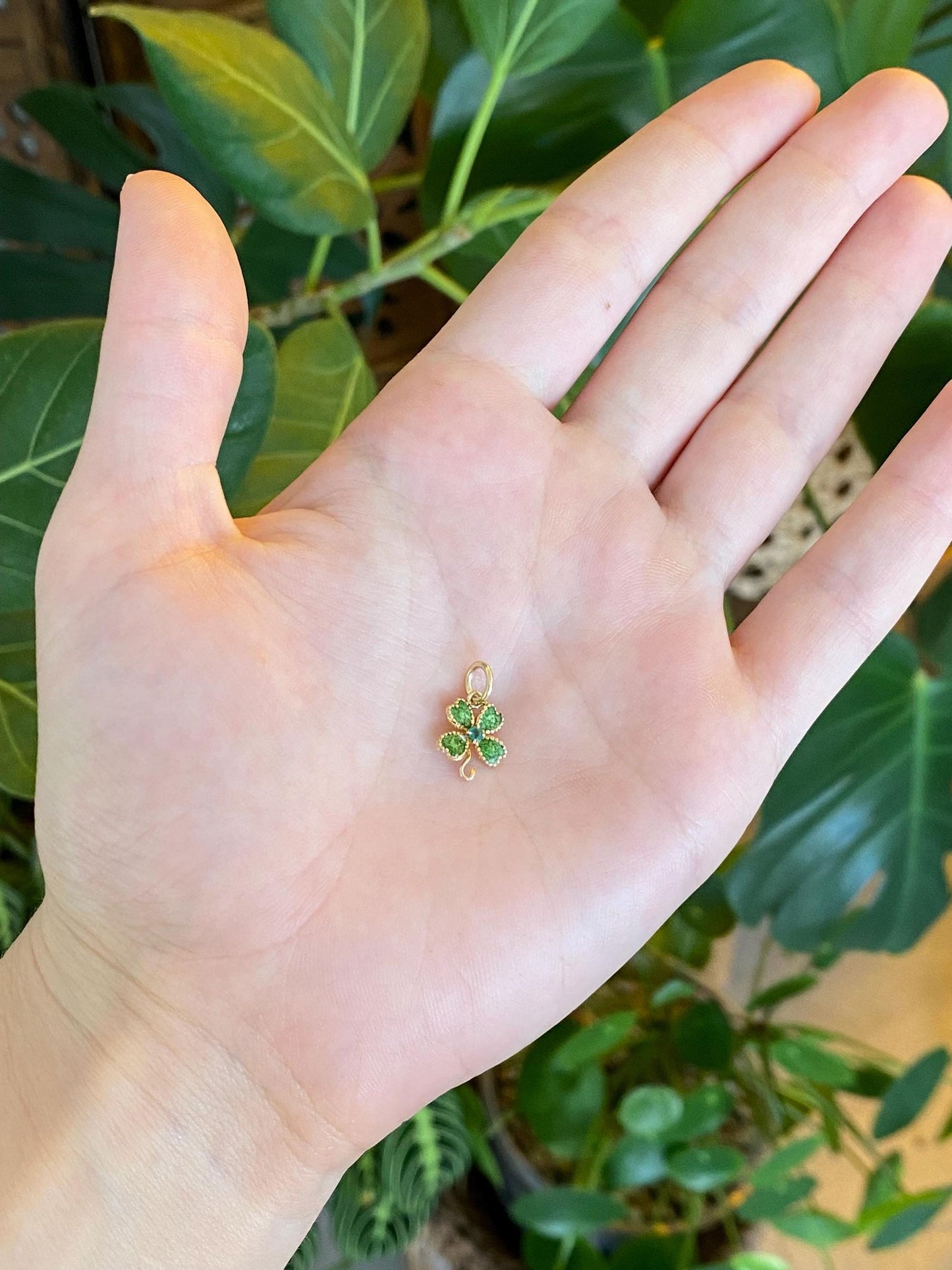 Vintage Solid 14k Yellow Gold Emerald Enamel Clover Charm