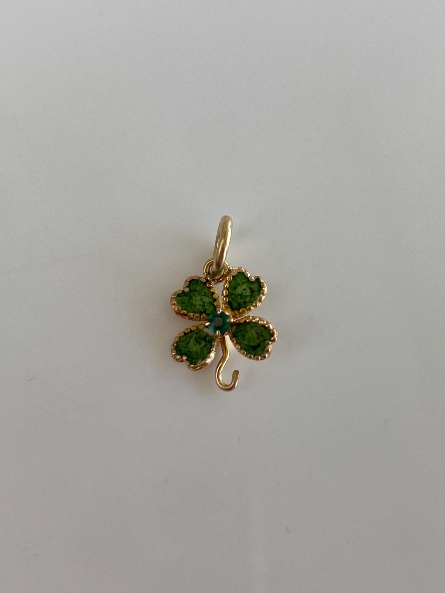 Vintage Solid 14k Yellow Gold Emerald Enamel Clover Charm