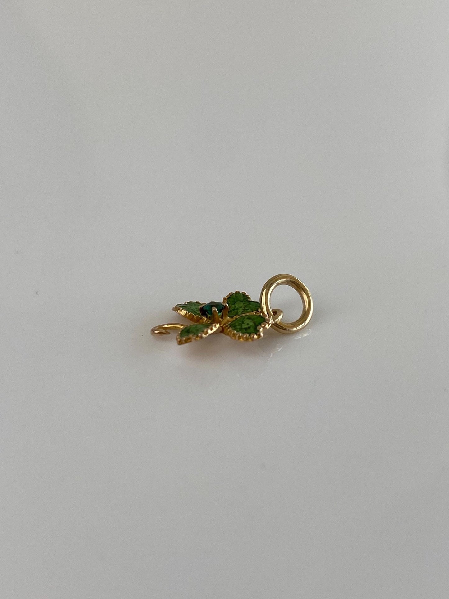 Vintage Solid 14k Yellow Gold Emerald Enamel Clover Charm