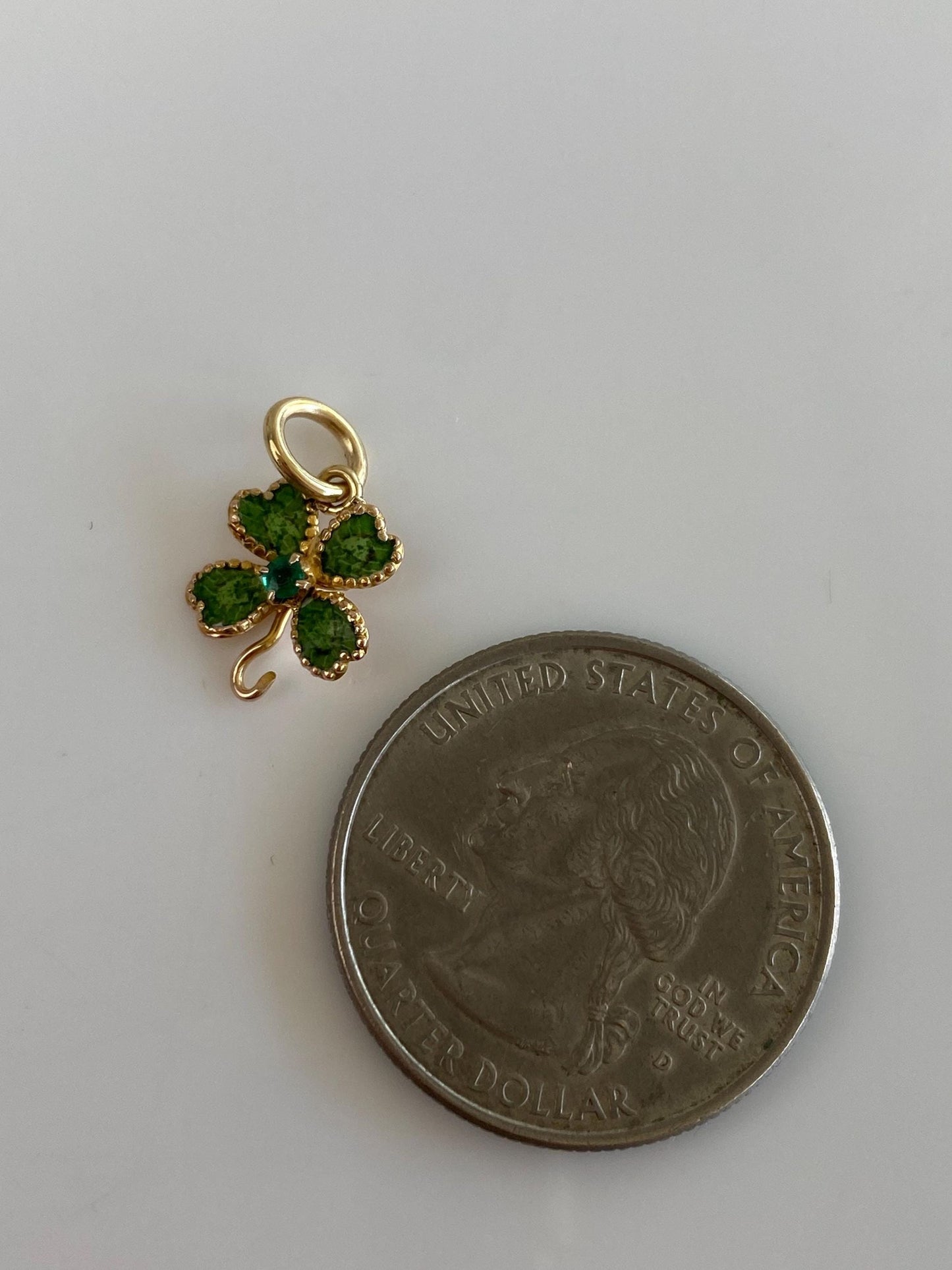 Vintage Solid 14k Yellow Gold Emerald Enamel Clover Charm