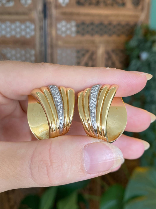 Vintage Solid 18k Yellow Gold Diamonds Fluted Drop Earrings
