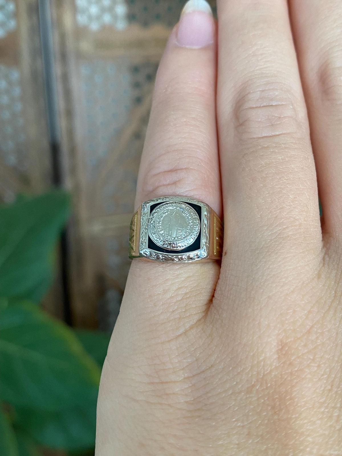 Vintage Solid 10k White & Yellow Gold Black Enamel Ring - Size 3.75