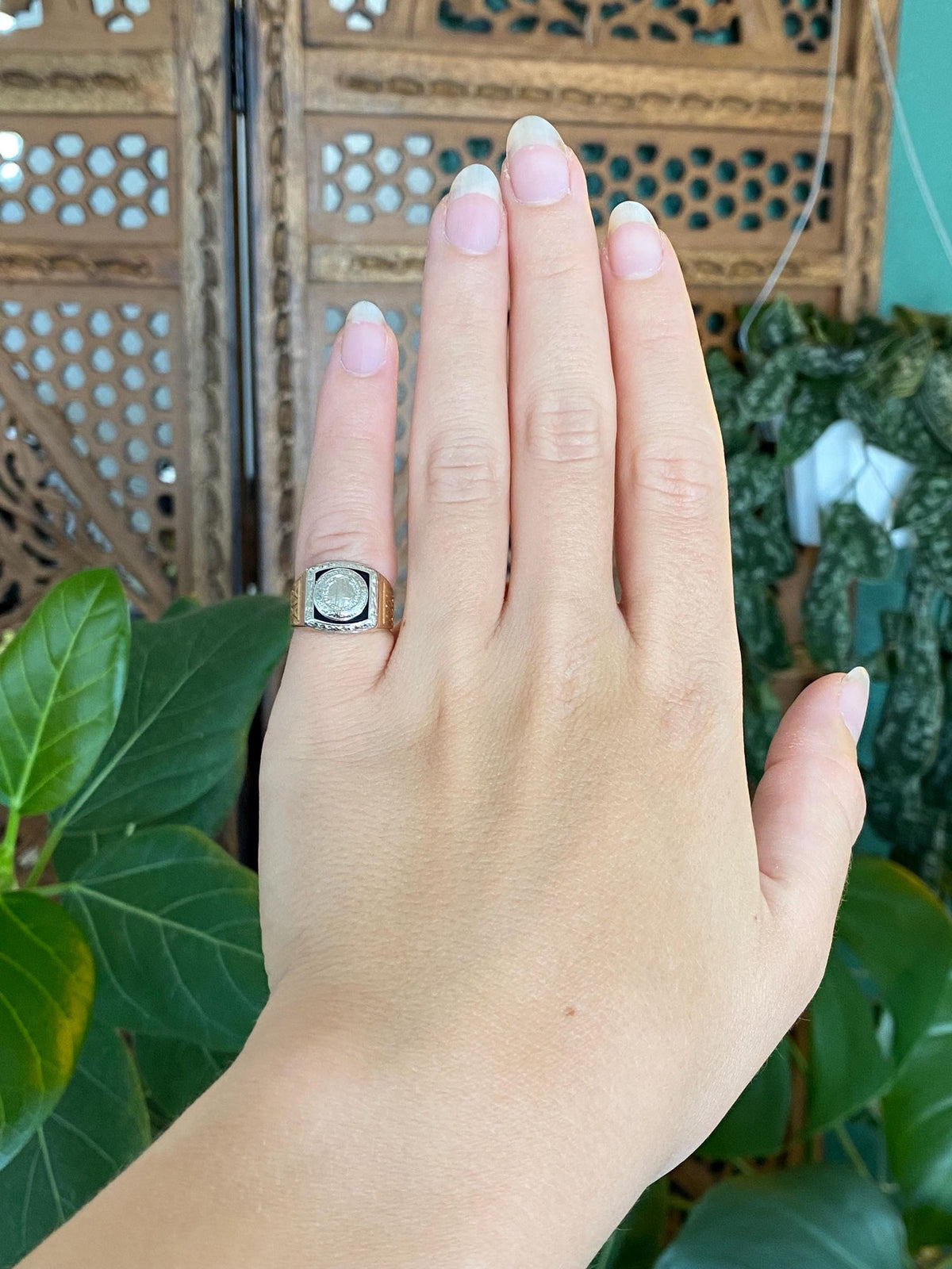Vintage Solid 10k White & Yellow Gold Black Enamel Ring - Size 3.75