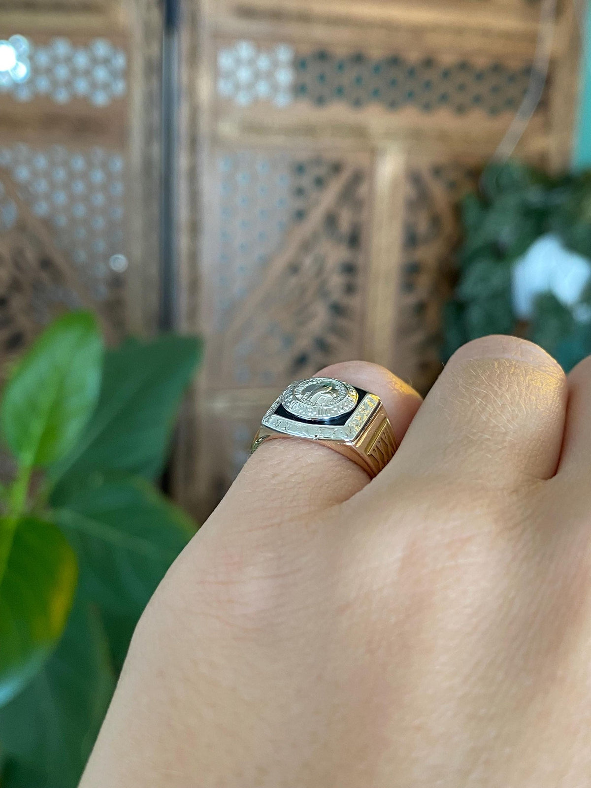 Vintage Solid 10k White & Yellow Gold Black Enamel Ring - Size 3.75