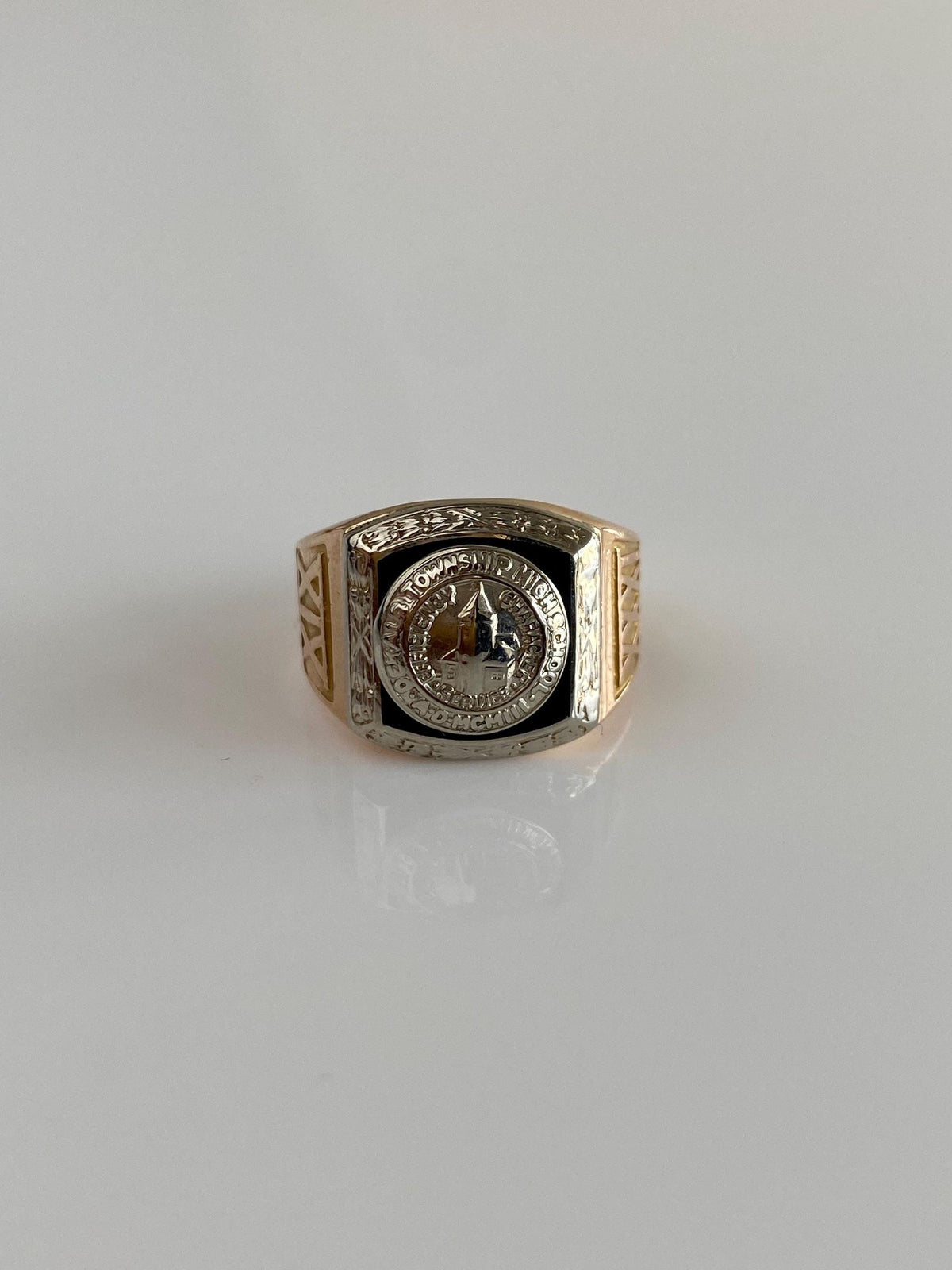 Vintage Solid 10k White & Yellow Gold Black Enamel Ring - Size 3.75