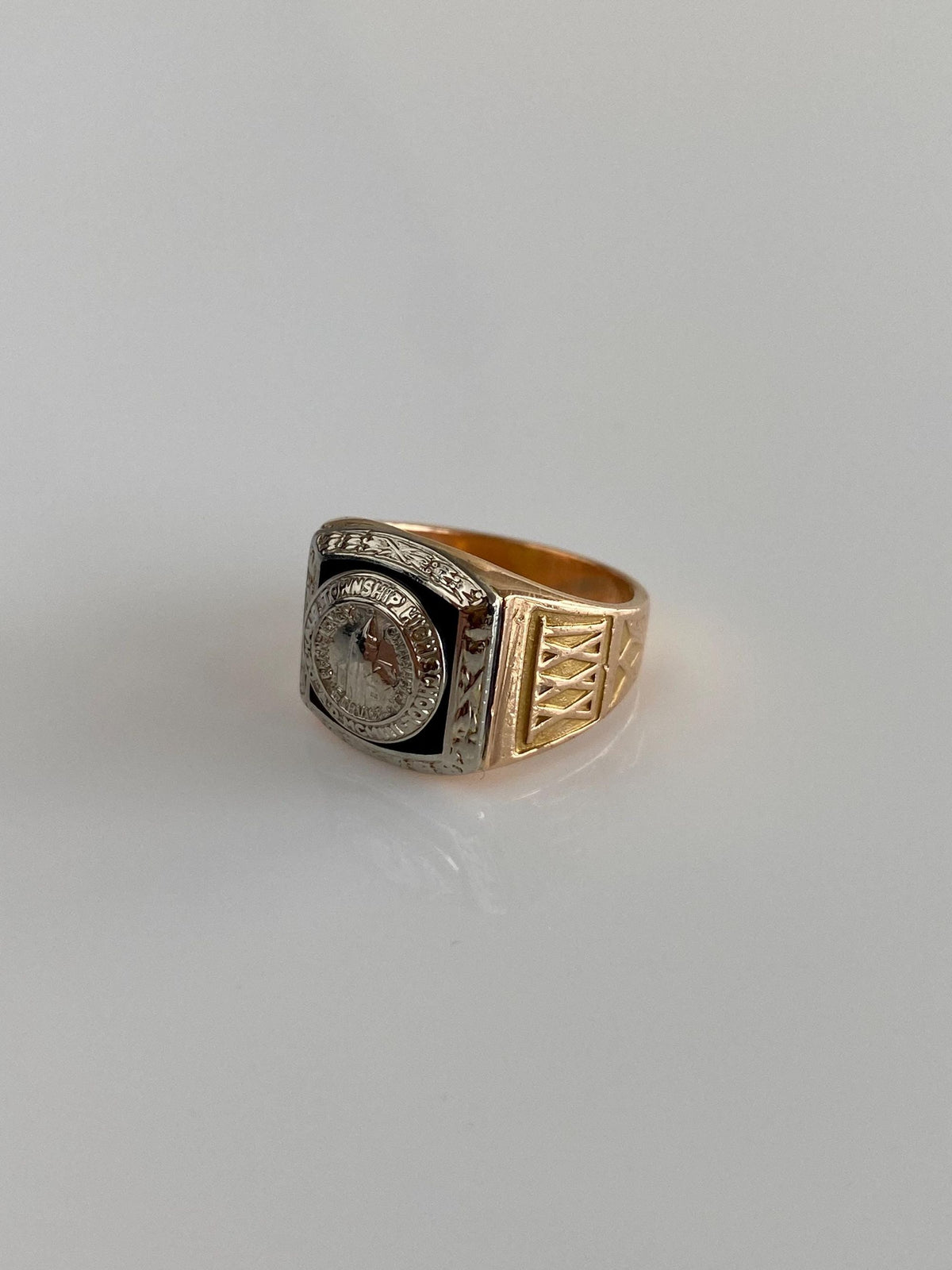 Vintage Solid 10k White & Yellow Gold Black Enamel Ring - Size 3.75