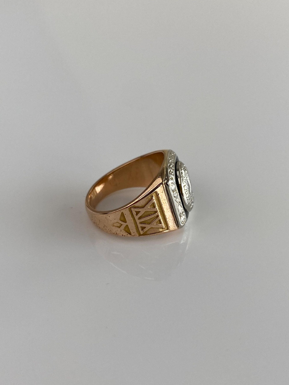 Vintage Solid 10k White & Yellow Gold Black Enamel Ring - Size 3.75