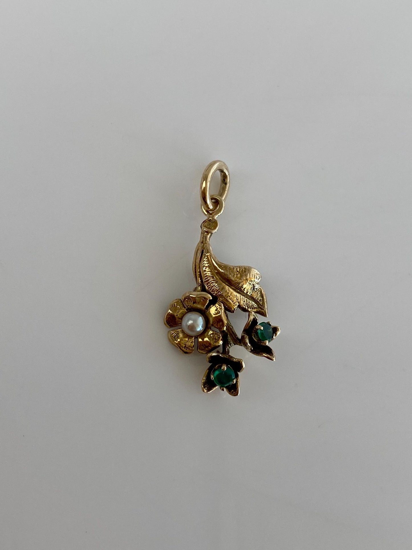 Vintage Solid 14k Yellow Gold Emerald Pearl Flower Leaf Charm