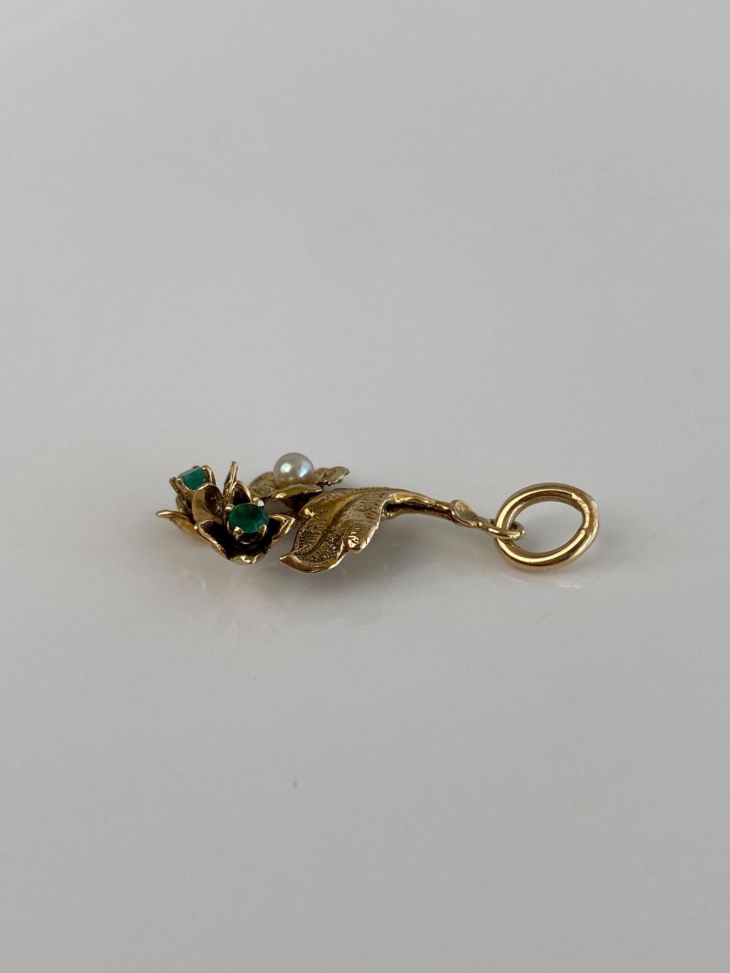 Vintage Solid 14k Yellow Gold Emerald Pearl Flower Leaf Charm